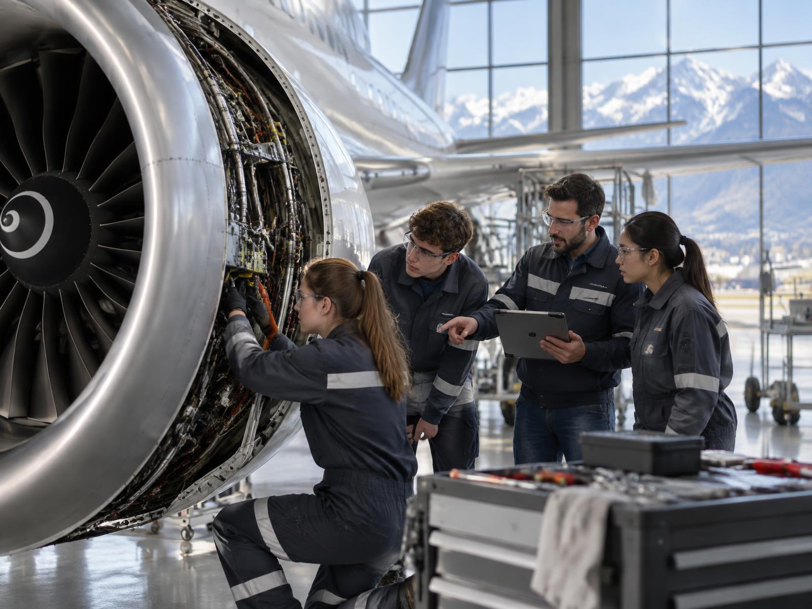 Junge Fachkräfte bei der Arbeit an einem Flugzeugtriebwerk